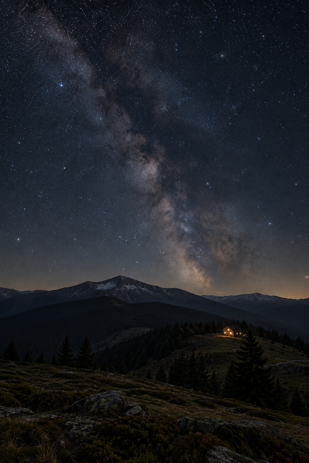 Starry sky above a mountain ridge